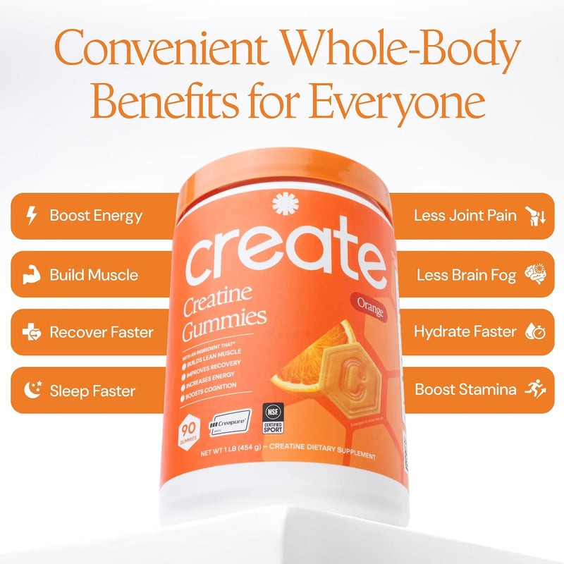 Create Creatine Monohydrate Gummies for Women and Men, Orange, 90ct ( pack of 2 )